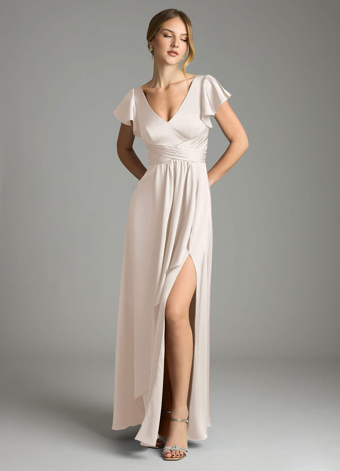 Omari A-Line V-Neck Stretch Satin Bridesmaid Dress in White Alabaster
