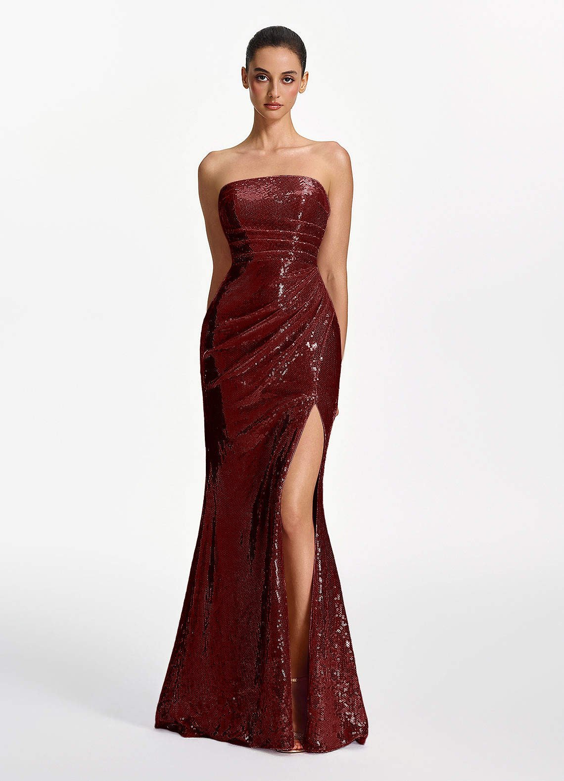 Mirabelle Mermaid Strapless Sequined Stretch Mesh Prom Dress in Burgundy