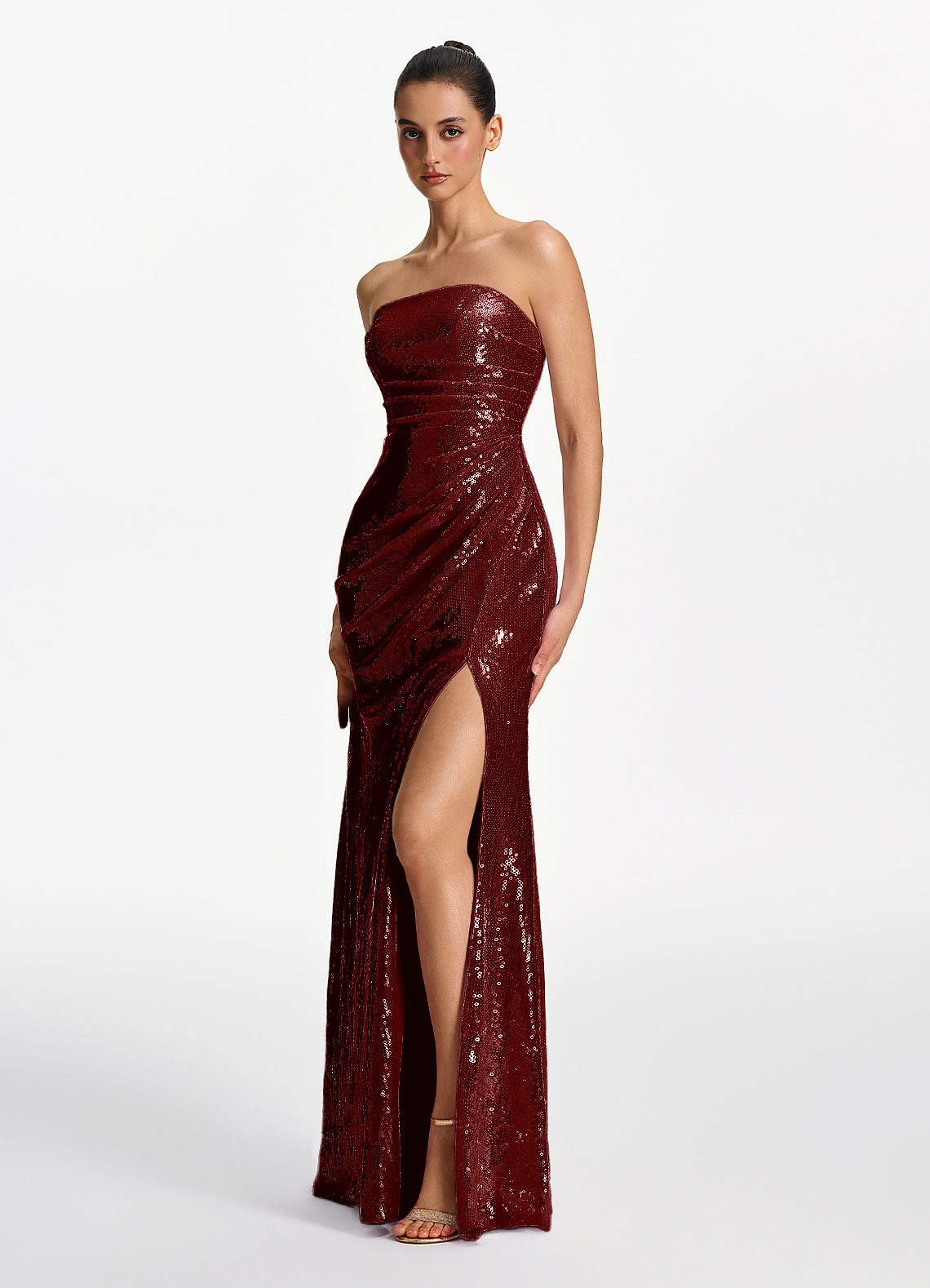 Mirabelle Mermaid Strapless Sequined Stretch Mesh Prom Dress in Burgundy