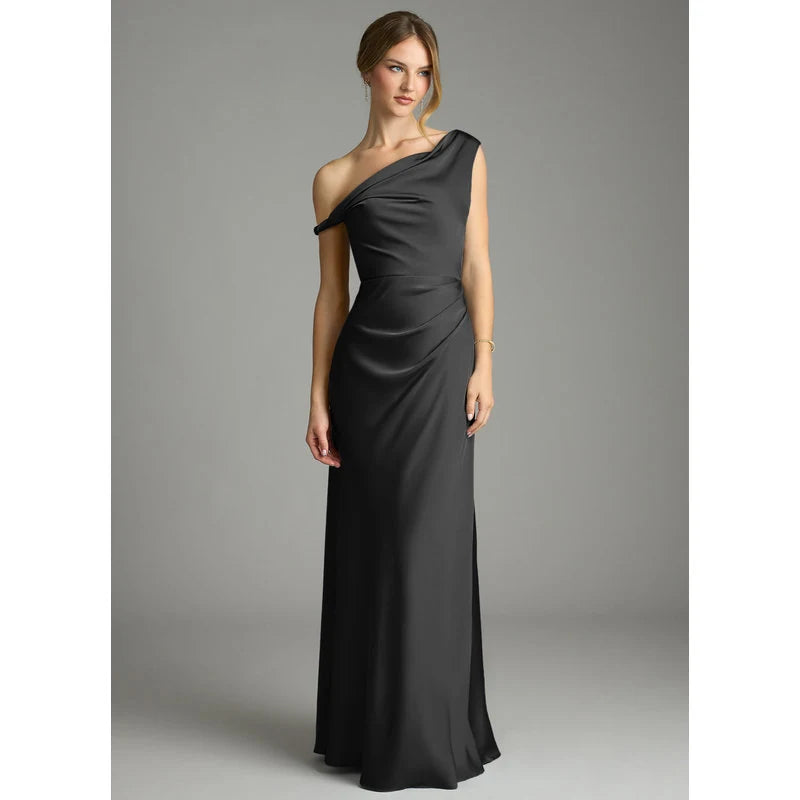 Emerson Mermaid One-Shoulder Stretch Satin Bridesmaid Dress in black - additional view 1