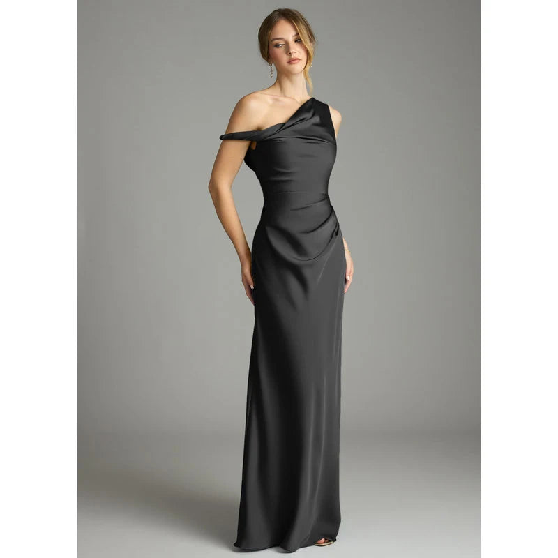 Emerson Mermaid One-Shoulder Stretch Satin Bridesmaid Dress in black - additional view 2