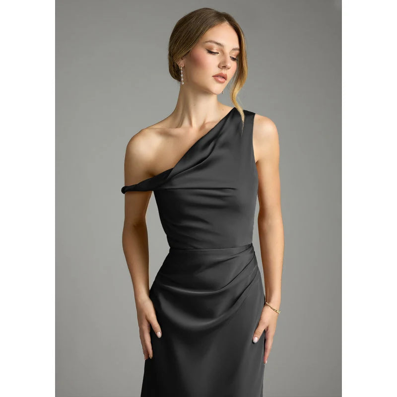 Emerson Mermaid One-Shoulder Stretch Satin Bridesmaid Dress in black - additional view 3