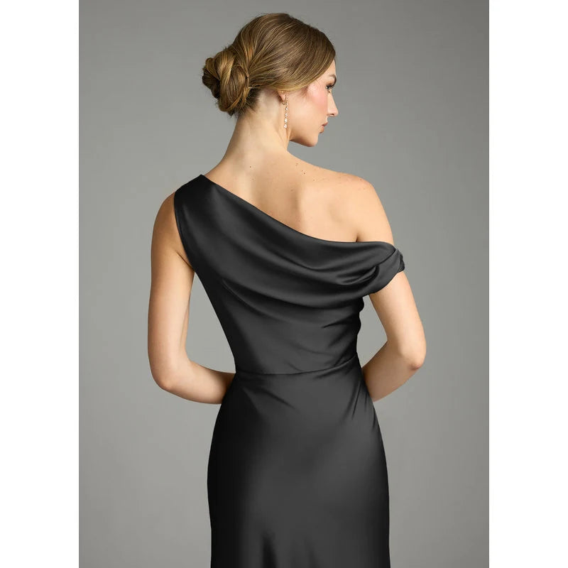 Emerson Mermaid One-Shoulder Stretch Satin Bridesmaid Dress in black - additional view 4