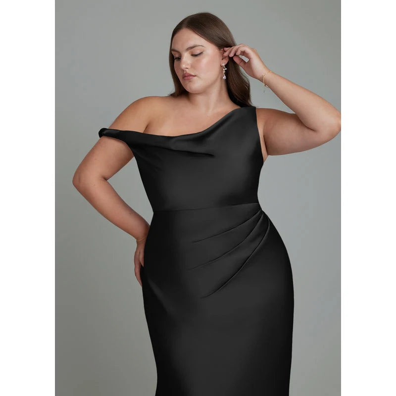 Emerson Mermaid One-Shoulder Stretch Satin Bridesmaid Dress in black - additional view 9