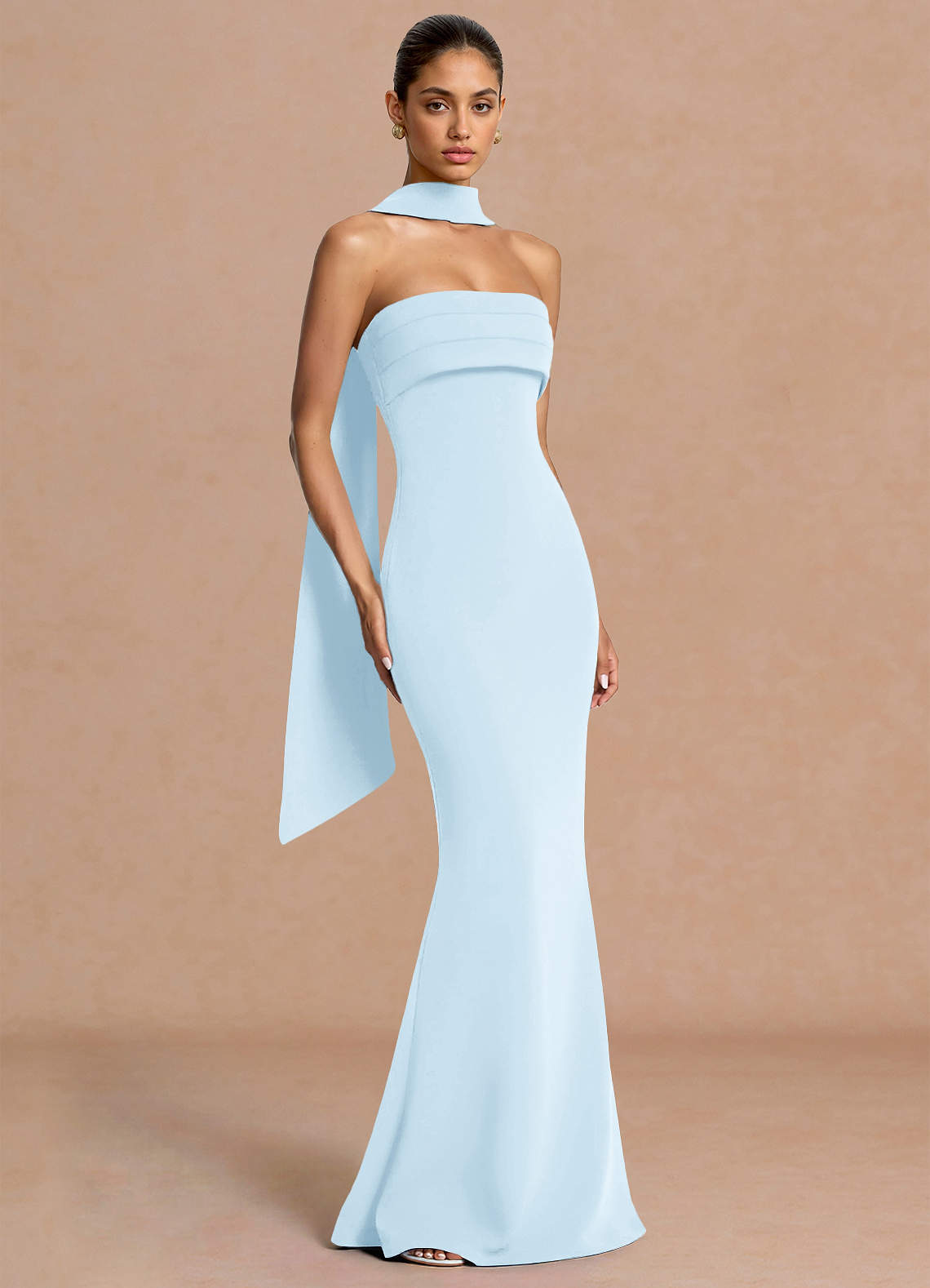 Eshe Trumpet Pleated Stretch Crepe Evening Dress in Sky Blue