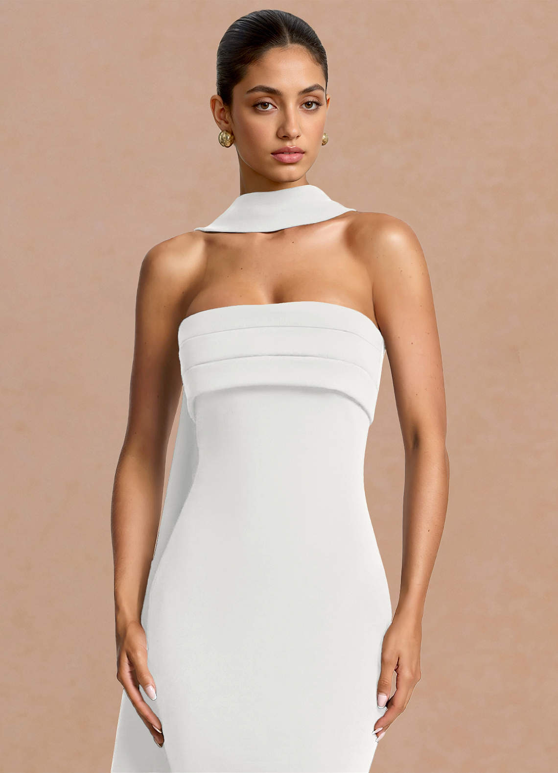 Eshe Trumpet Pleated Stretch Crepe Evening Dress in White