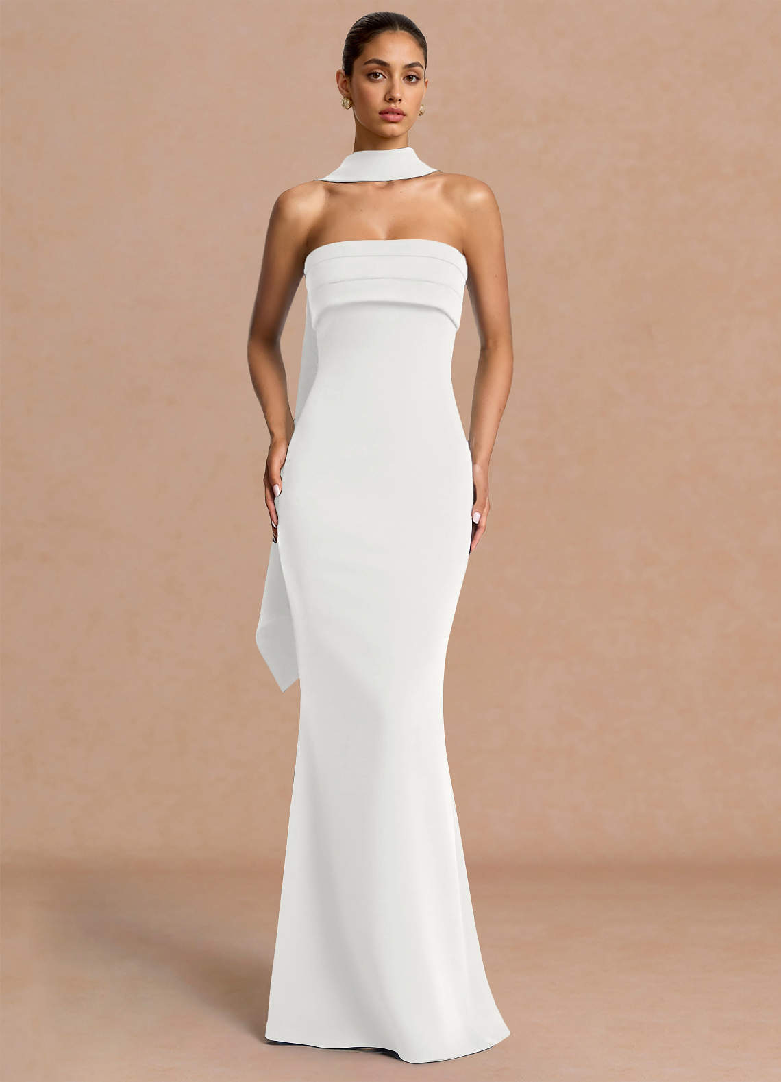 Eshe Trumpet Pleated Stretch Crepe Evening Dress in White
