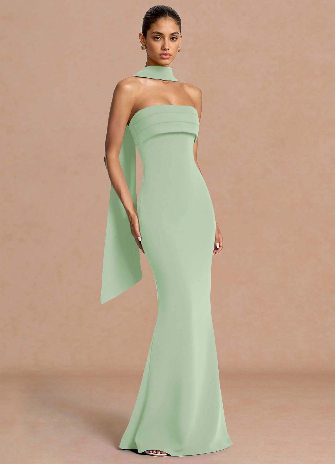 Eshe Trumpet Pleated Stretch Crepe Evening Dress in Light Green
