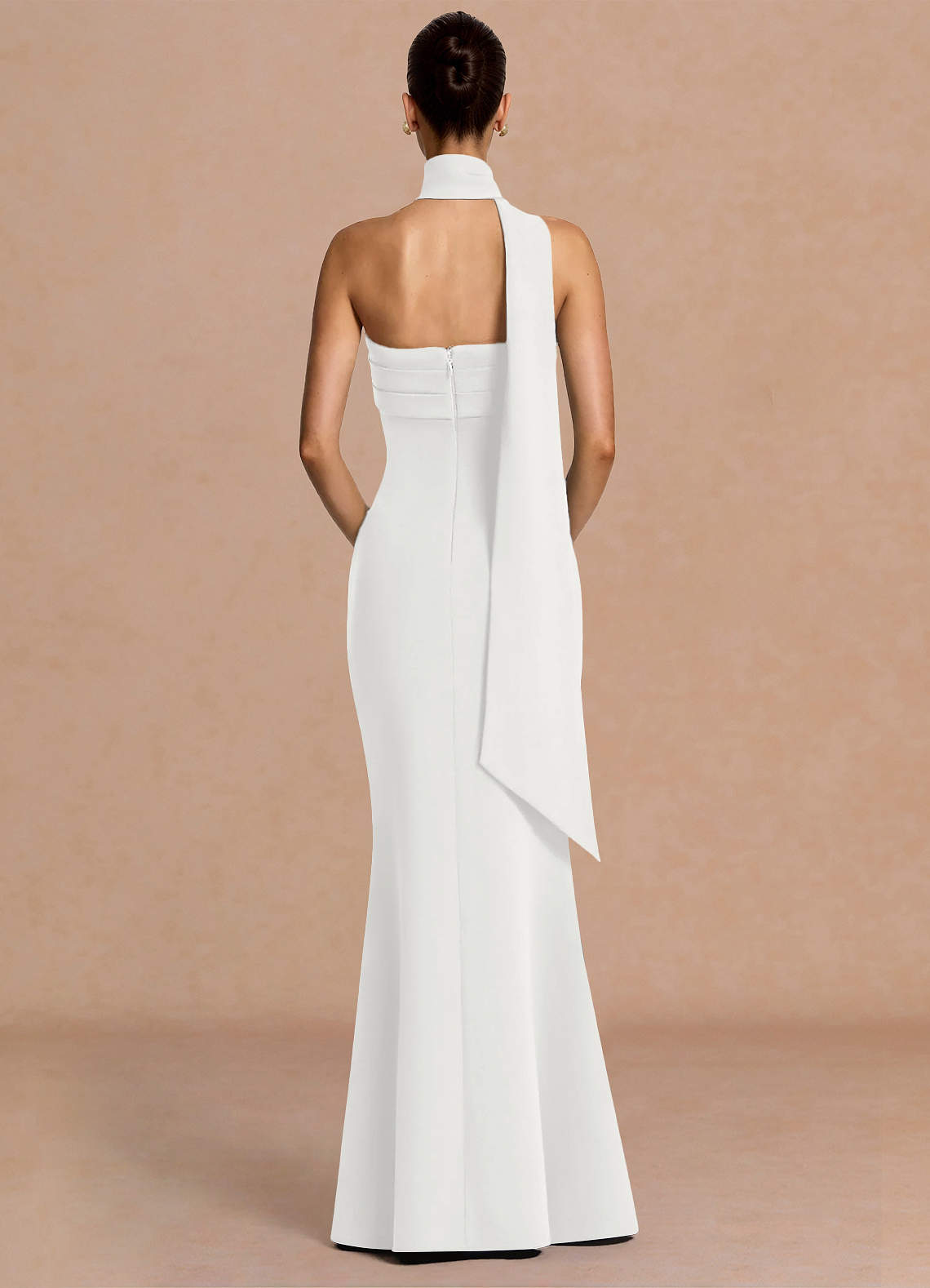 Eshe Trumpet Pleated Stretch Crepe Evening Dress in White