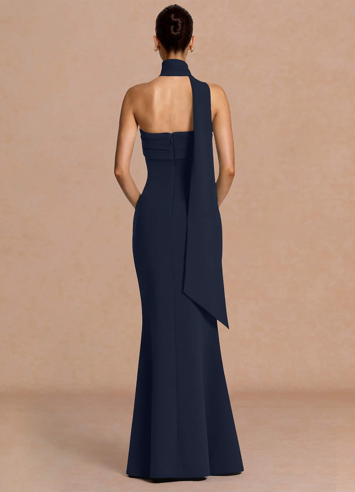 Eshe Trumpet Pleated Stretch Crepe Evening Dress in Navy