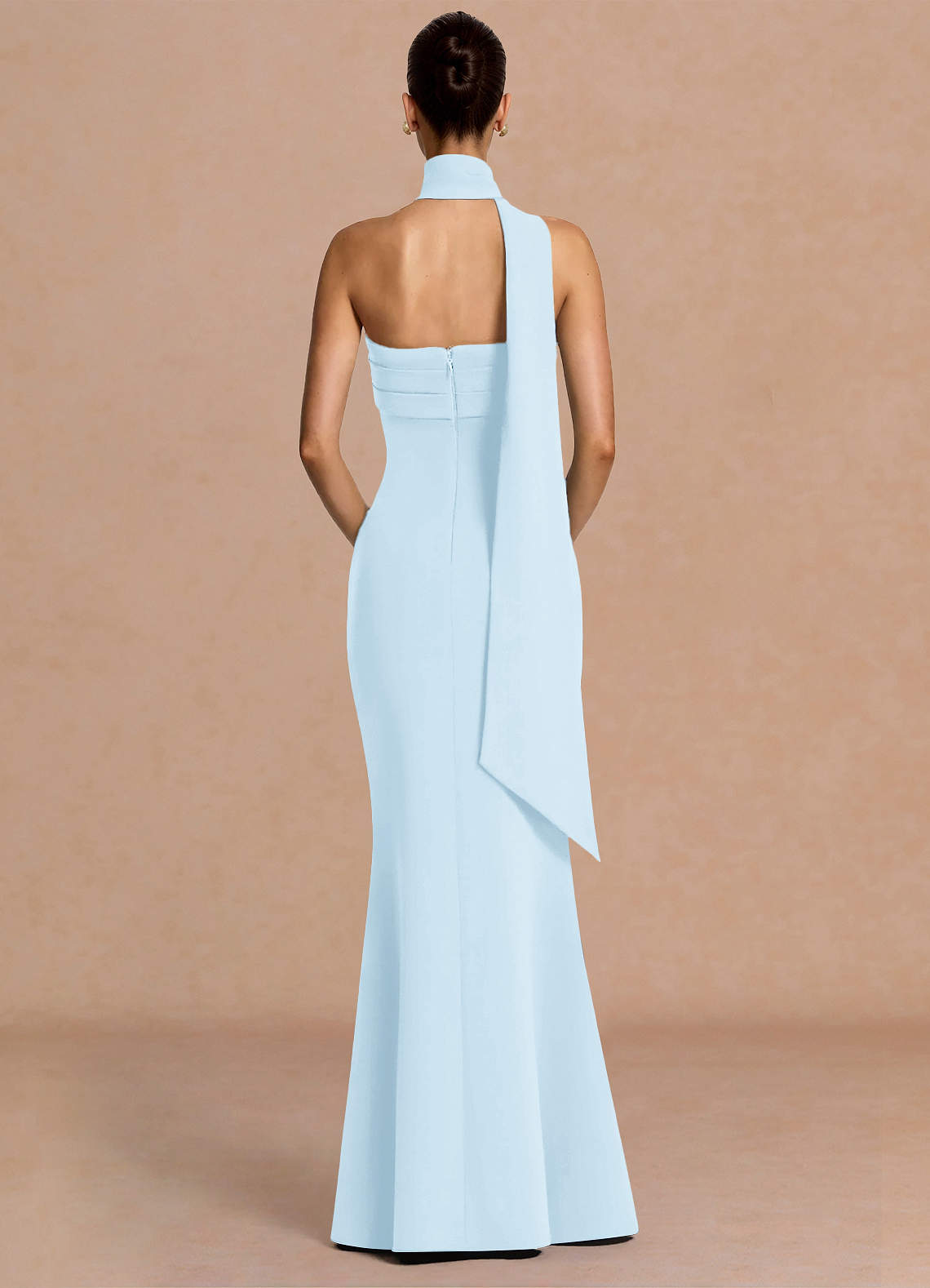Eshe Trumpet Pleated Stretch Crepe Evening Dress in Sky Blue