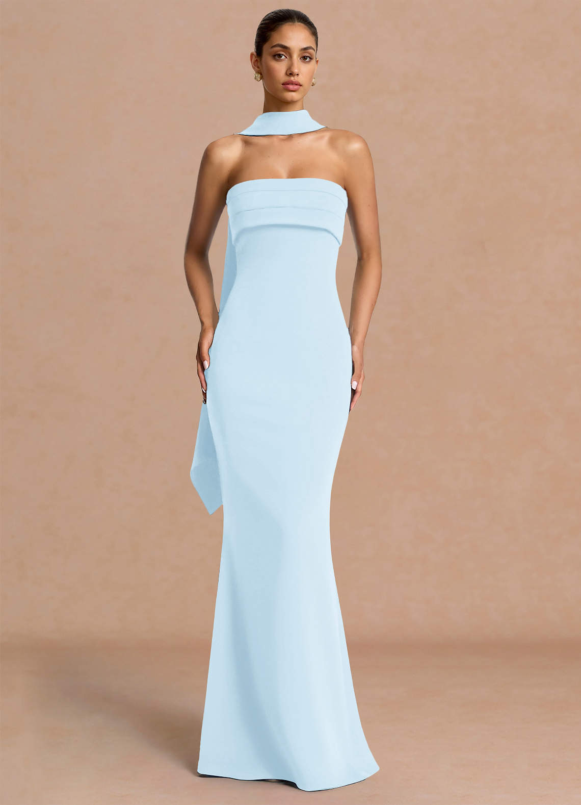 Eshe Trumpet Pleated Stretch Crepe Evening Dress in Sky Blue