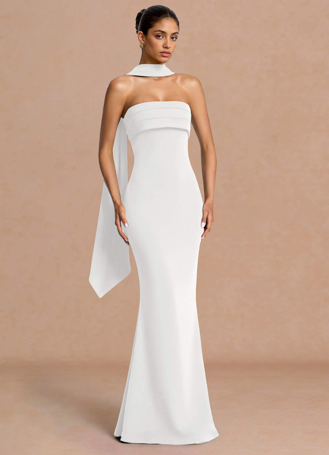 Eshe Trumpet Pleated Stretch Crepe Evening Dress in White