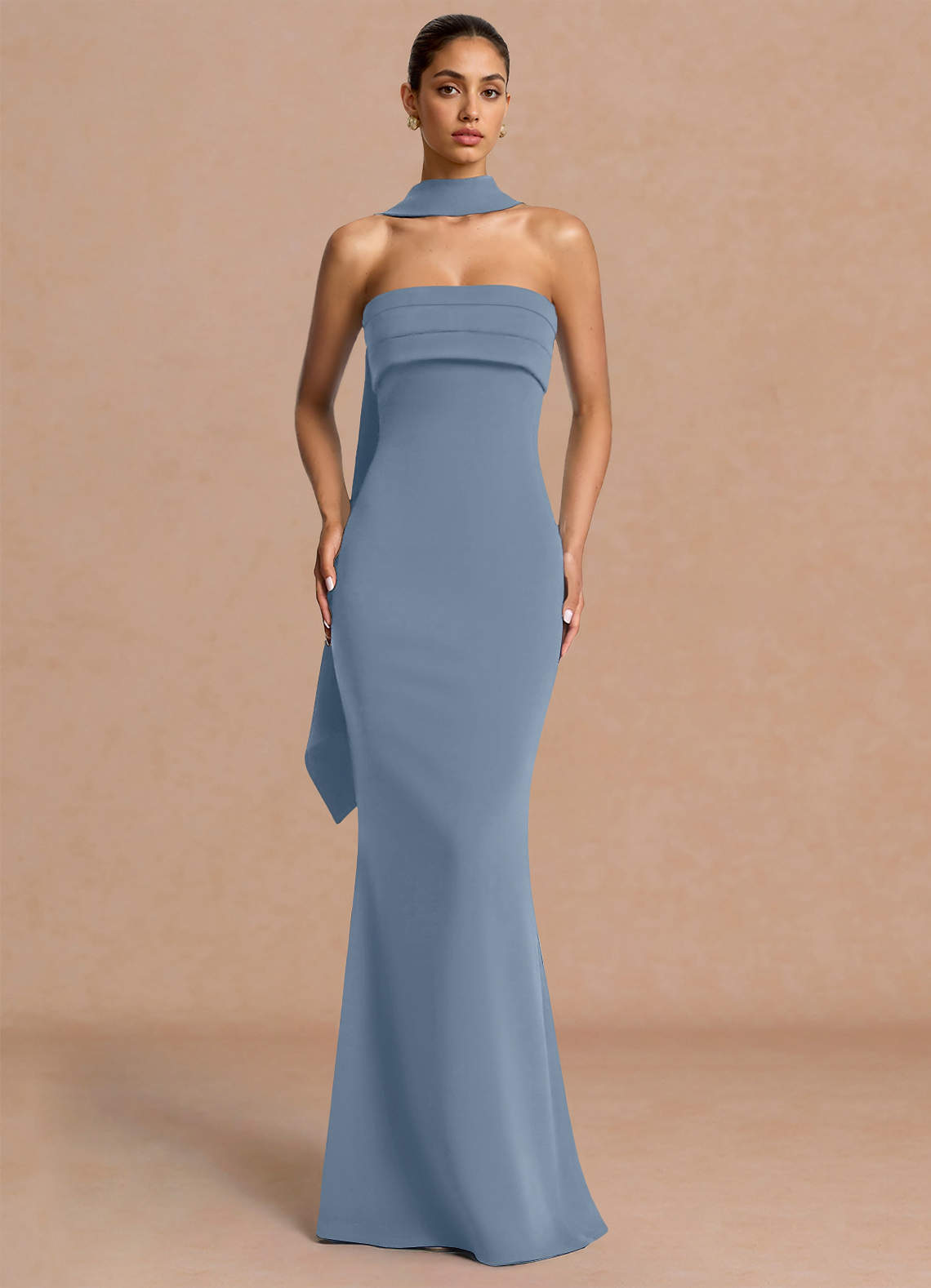 Eshe Trumpet Pleated Stretch Crepe Evening Dress in Powder Blue
