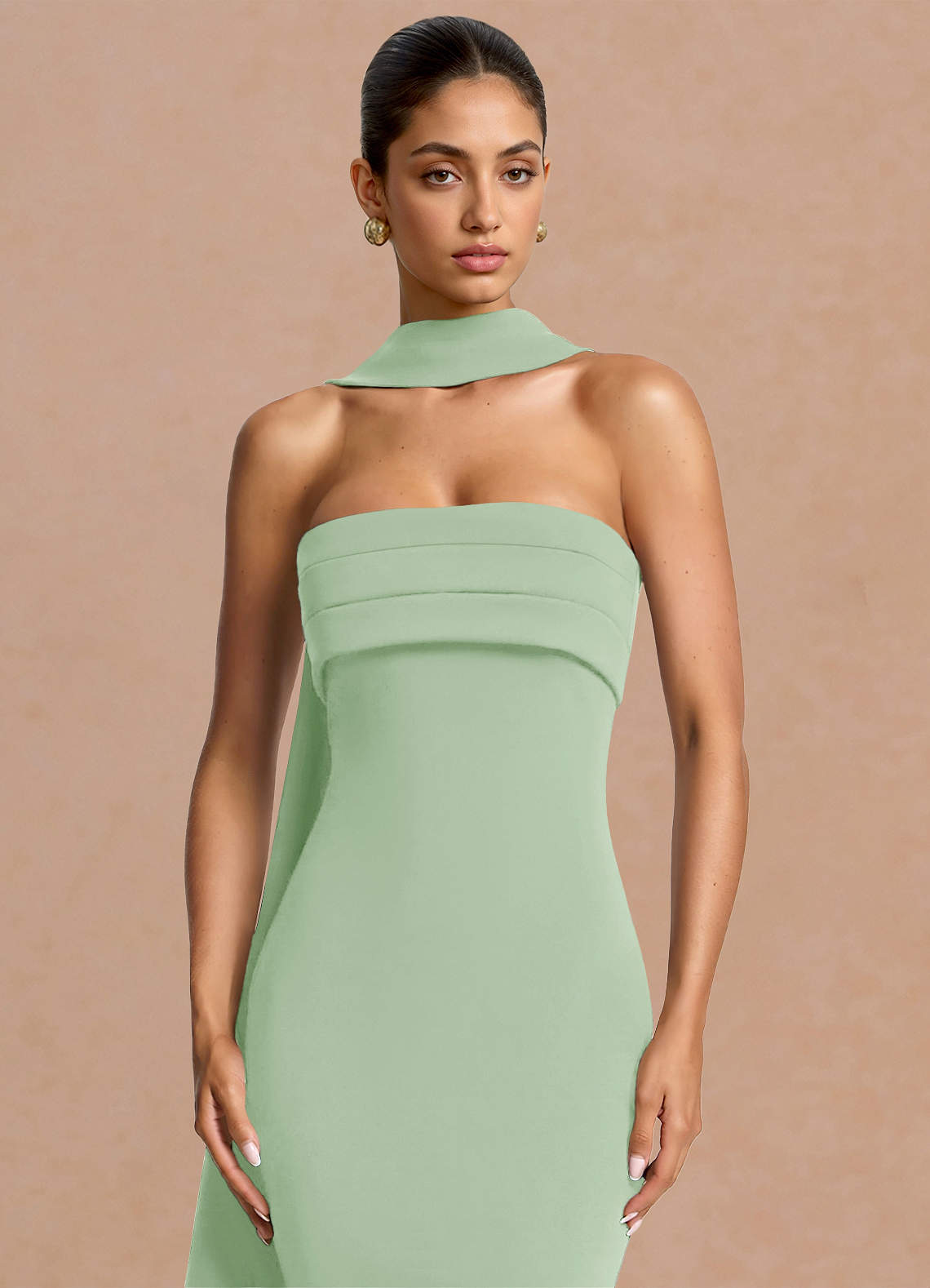 Eshe Trumpet Pleated Stretch Crepe Evening Dress in Light Green