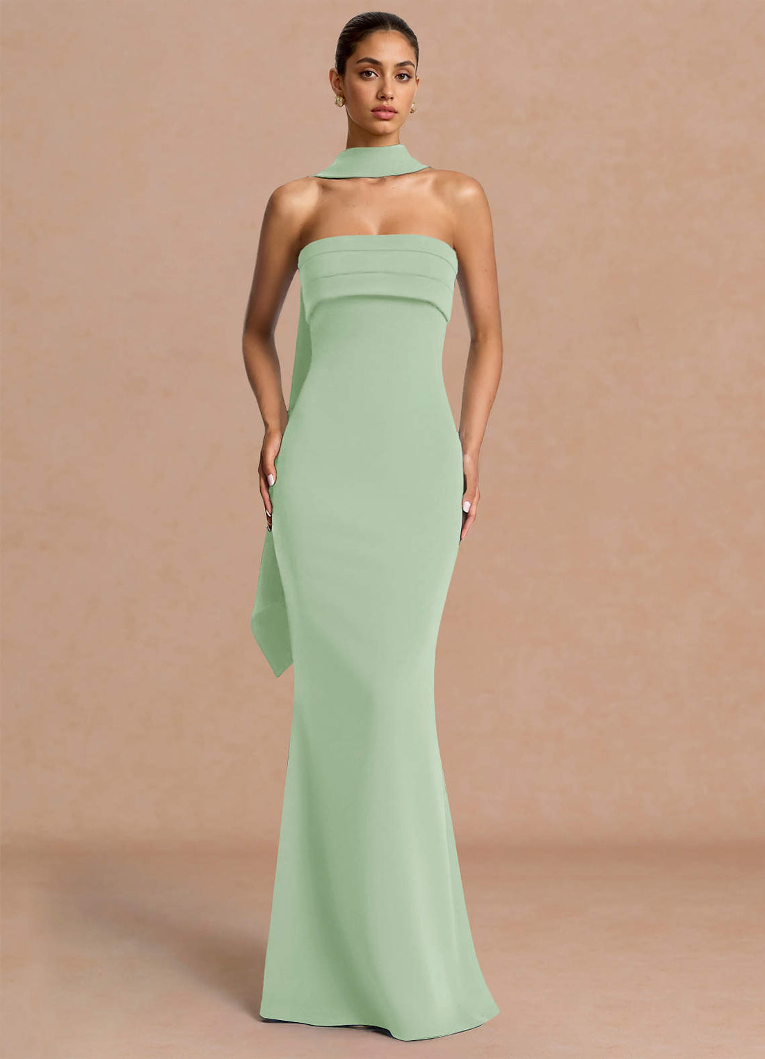 Eshe Trumpet Pleated Stretch Crepe Evening Dress in Light Green