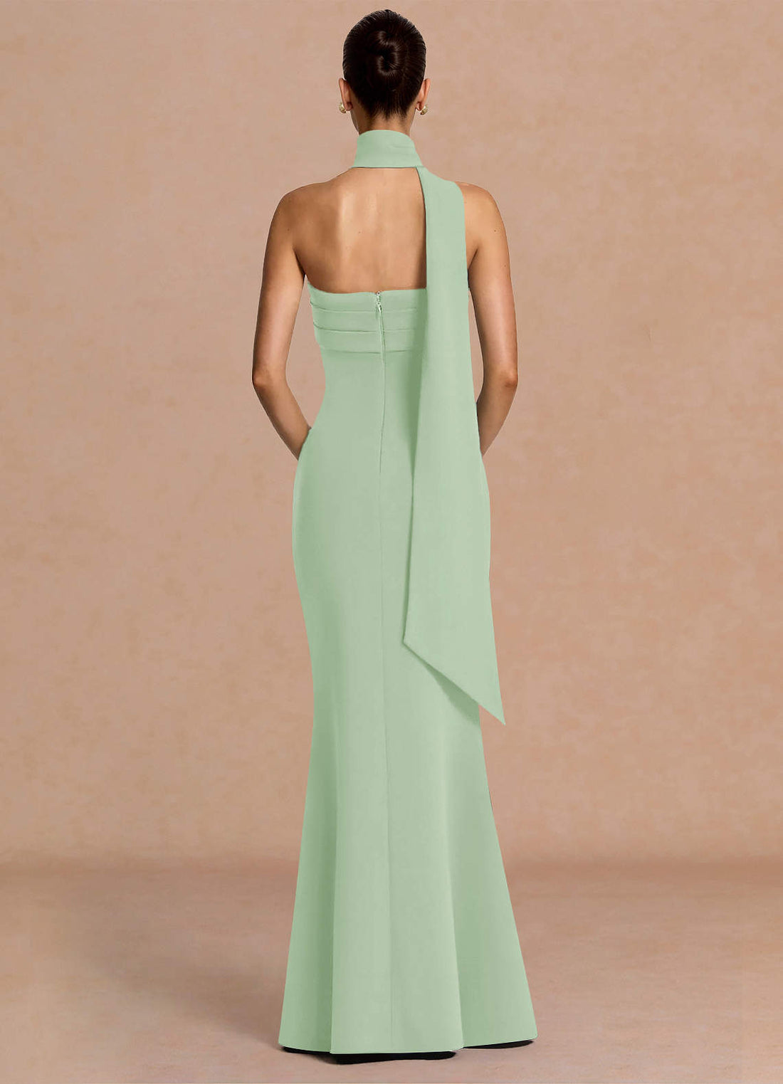Eshe Trumpet Pleated Stretch Crepe Evening Dress in Light Green