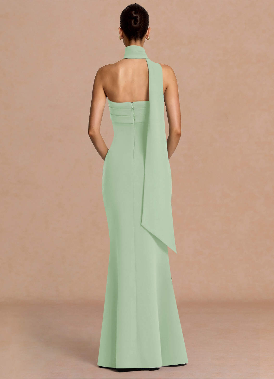 Eshe Trumpet Pleated Stretch Crepe Evening Dress in Light Green