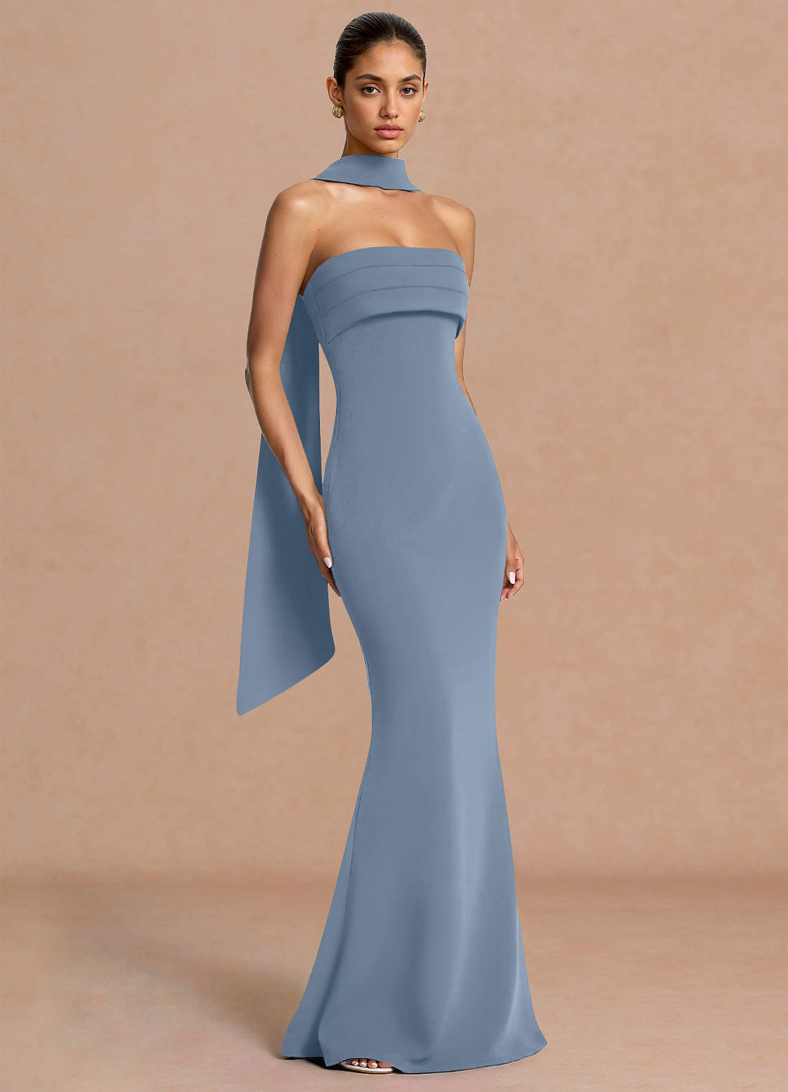 Eshe Trumpet Pleated Stretch Crepe Evening Dress in Powder Blue