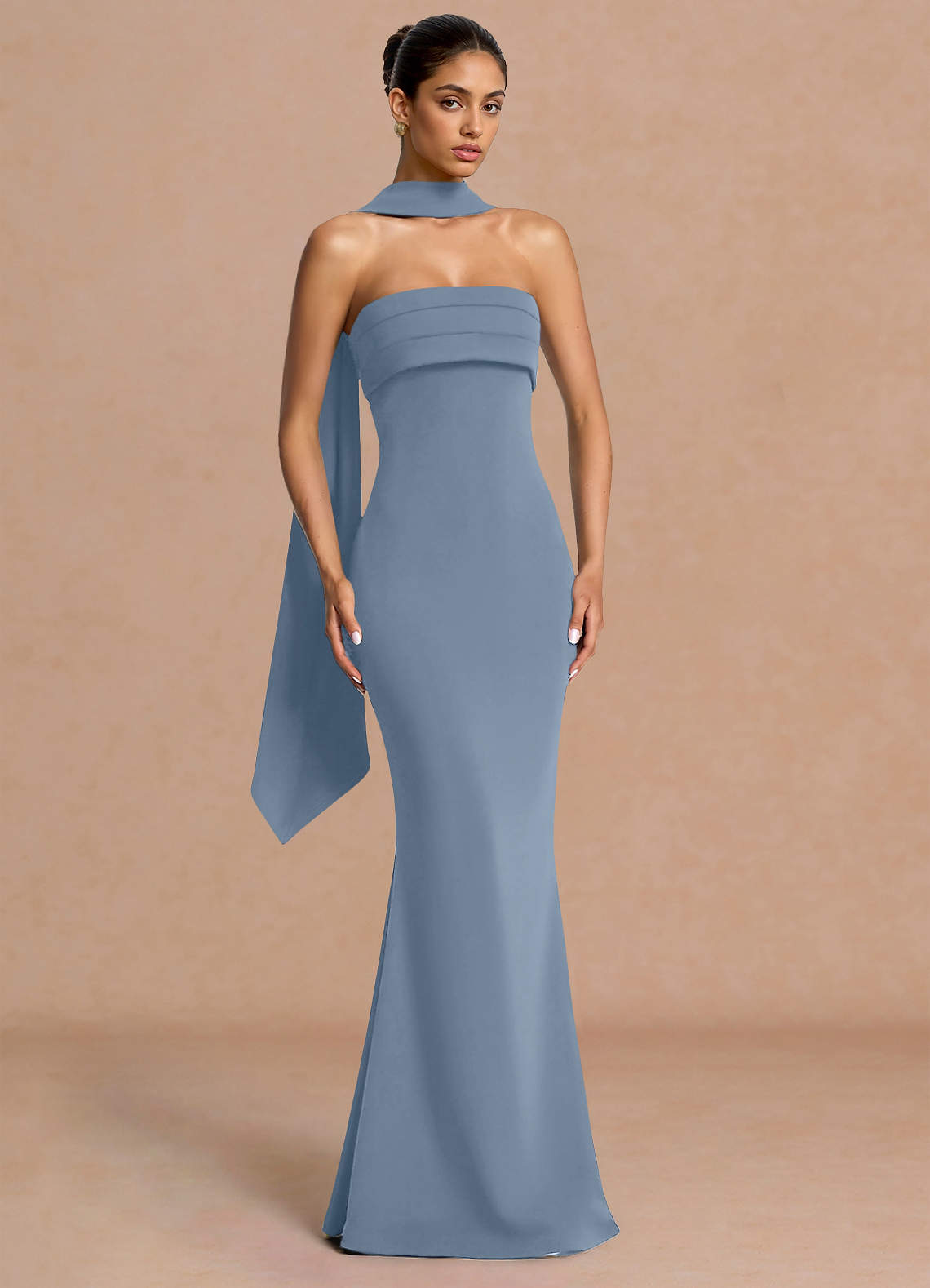 Eshe Trumpet Pleated Stretch Crepe Evening Dress in Light Green