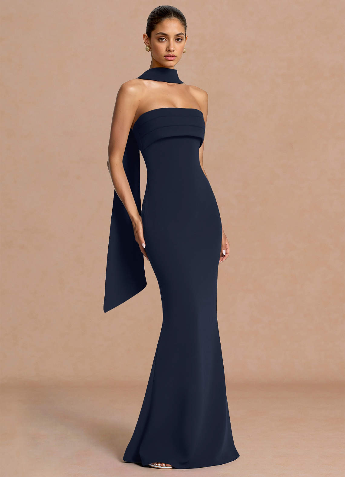 Eshe Trumpet Pleated Stretch Crepe Evening Dress in Navy