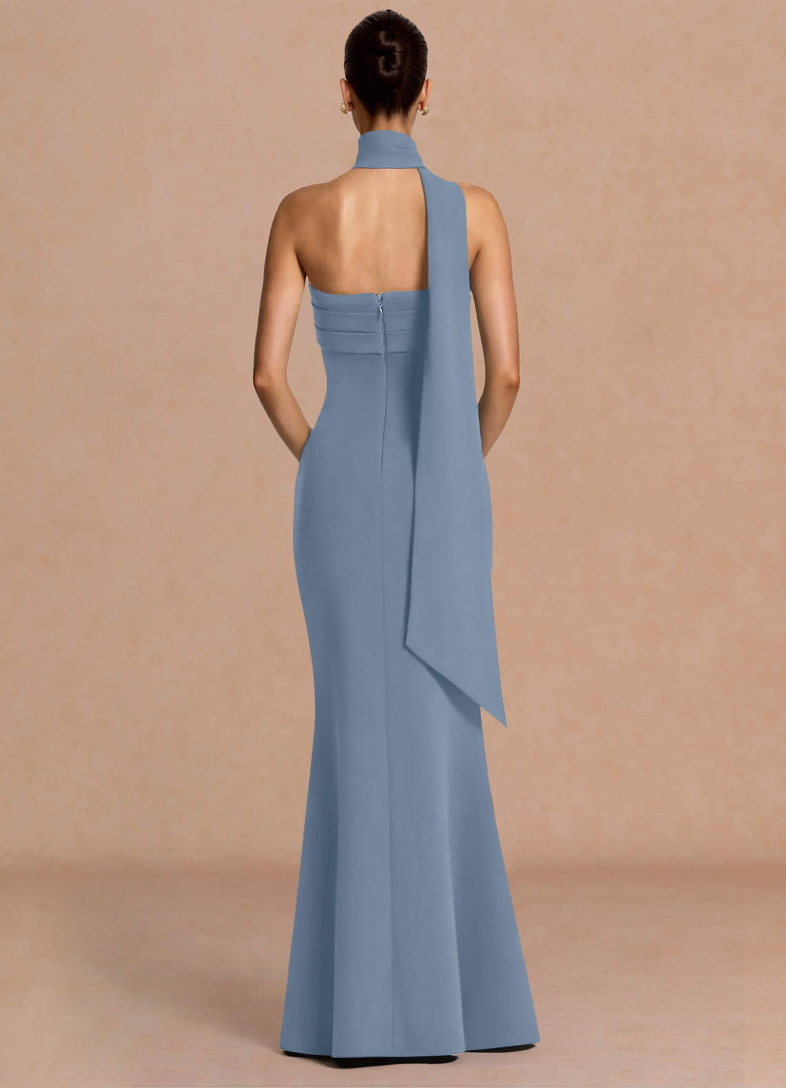 Eshe Trumpet Pleated Stretch Crepe Evening Dress in Powder Blue