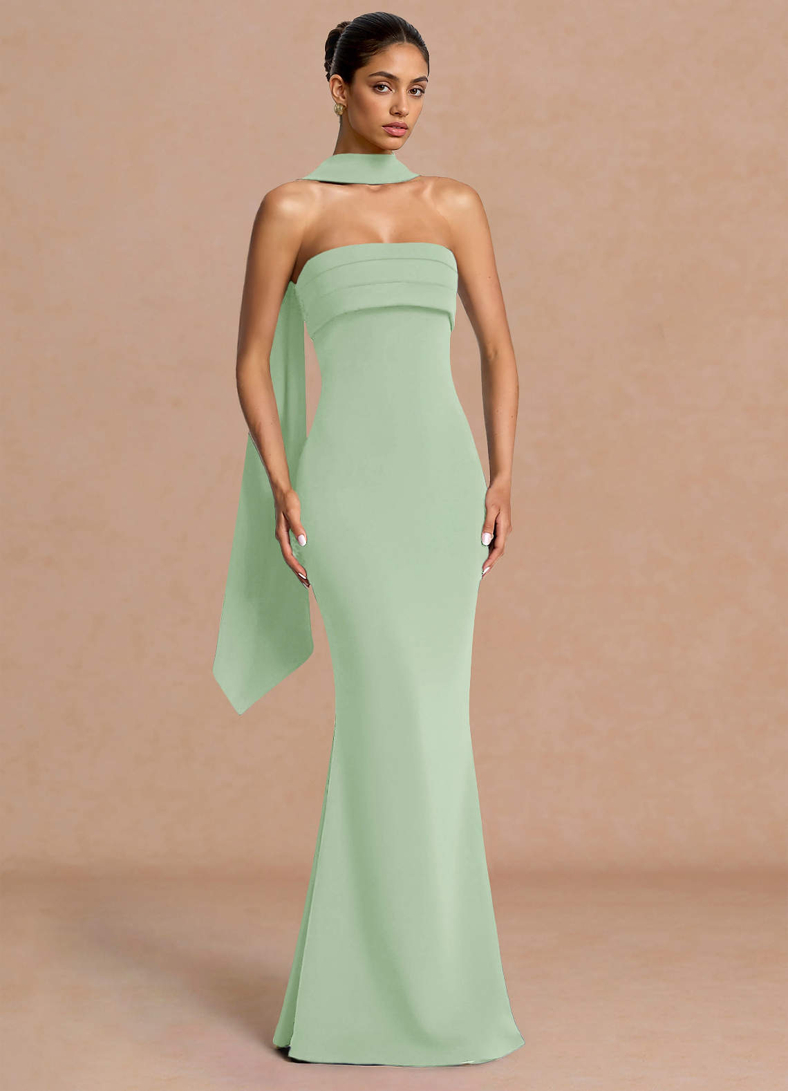Eshe Trumpet Pleated Stretch Crepe Evening Dress in Light Green
