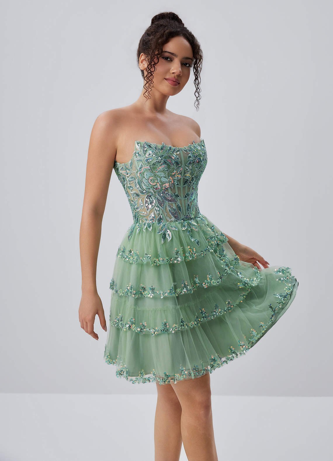 Esmayabella A-Line Mini Strapless Tiered Tulle Prom Dress in Sage