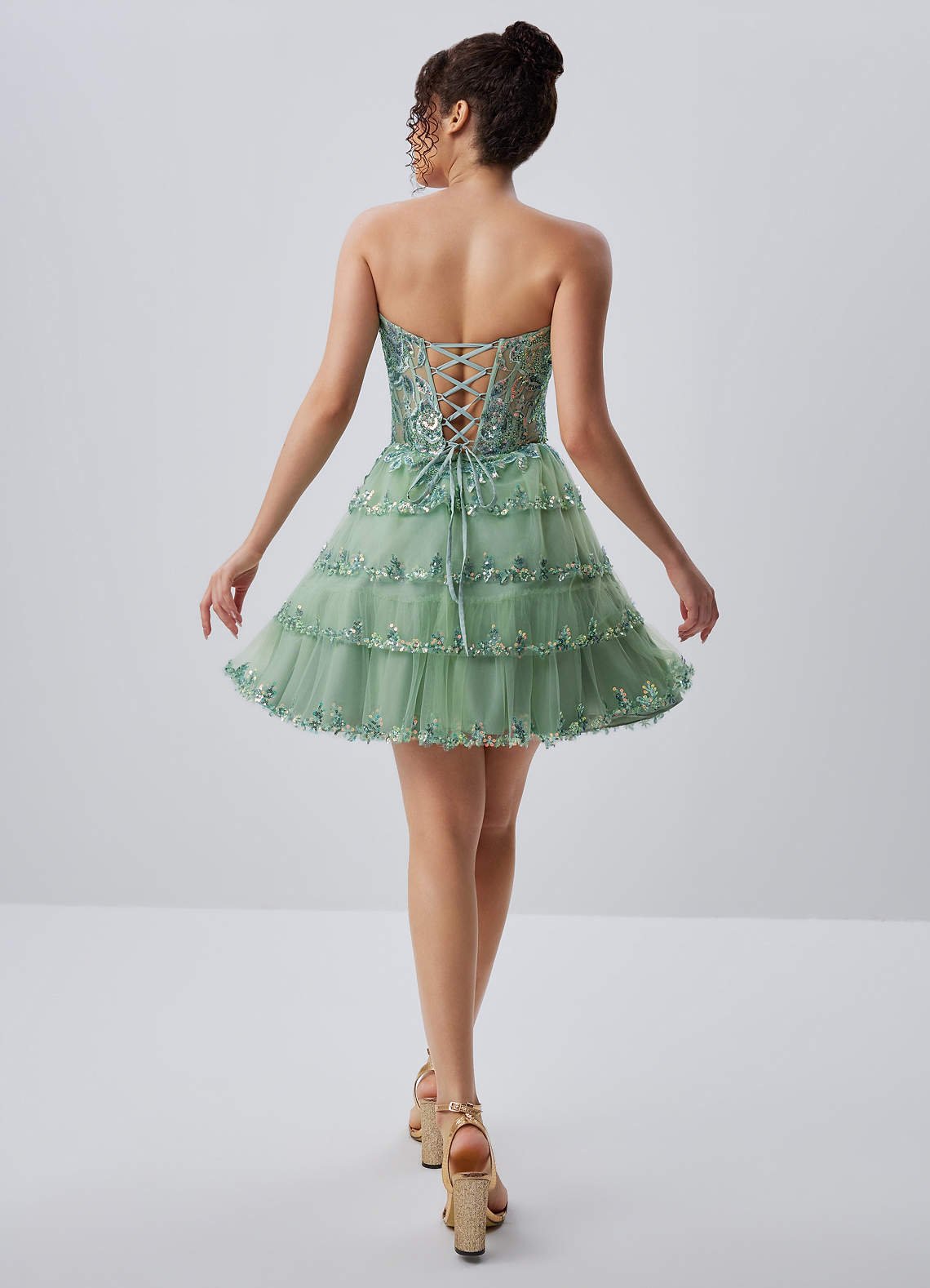 Esmayabella A-Line Mini Strapless Tiered Tulle Prom Dress in Sage
