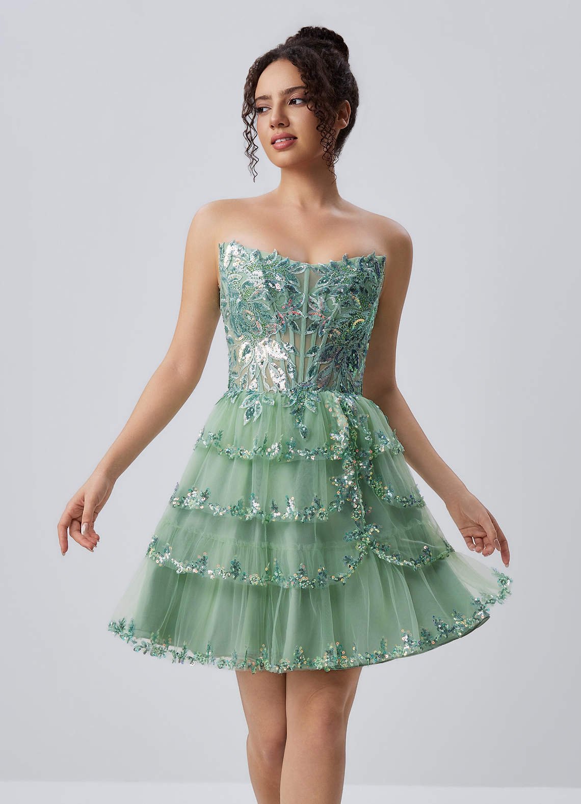 Esmayabella A-Line Mini Strapless Tiered Tulle Prom Dress in Sky Blue