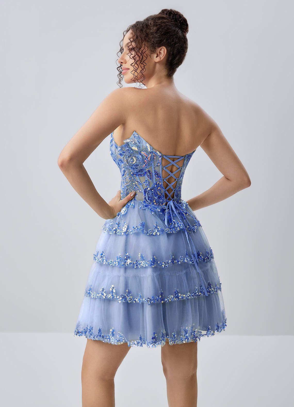 Esmayabella A-Line Mini Strapless Tiered Tulle Prom Dress in Sky Blue
