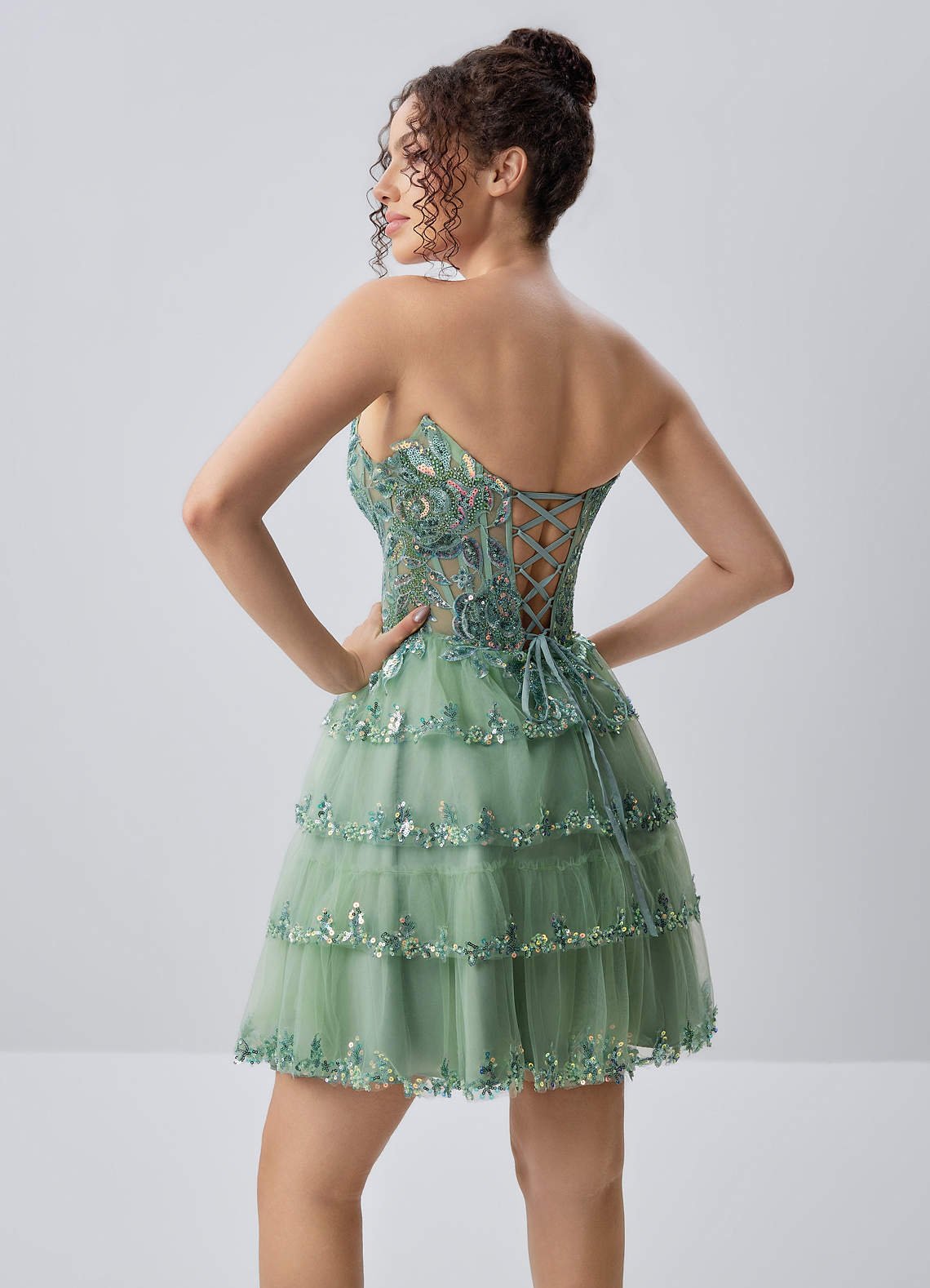 Esmayabella A-Line Mini Strapless Tiered Tulle Prom Dress in Sage