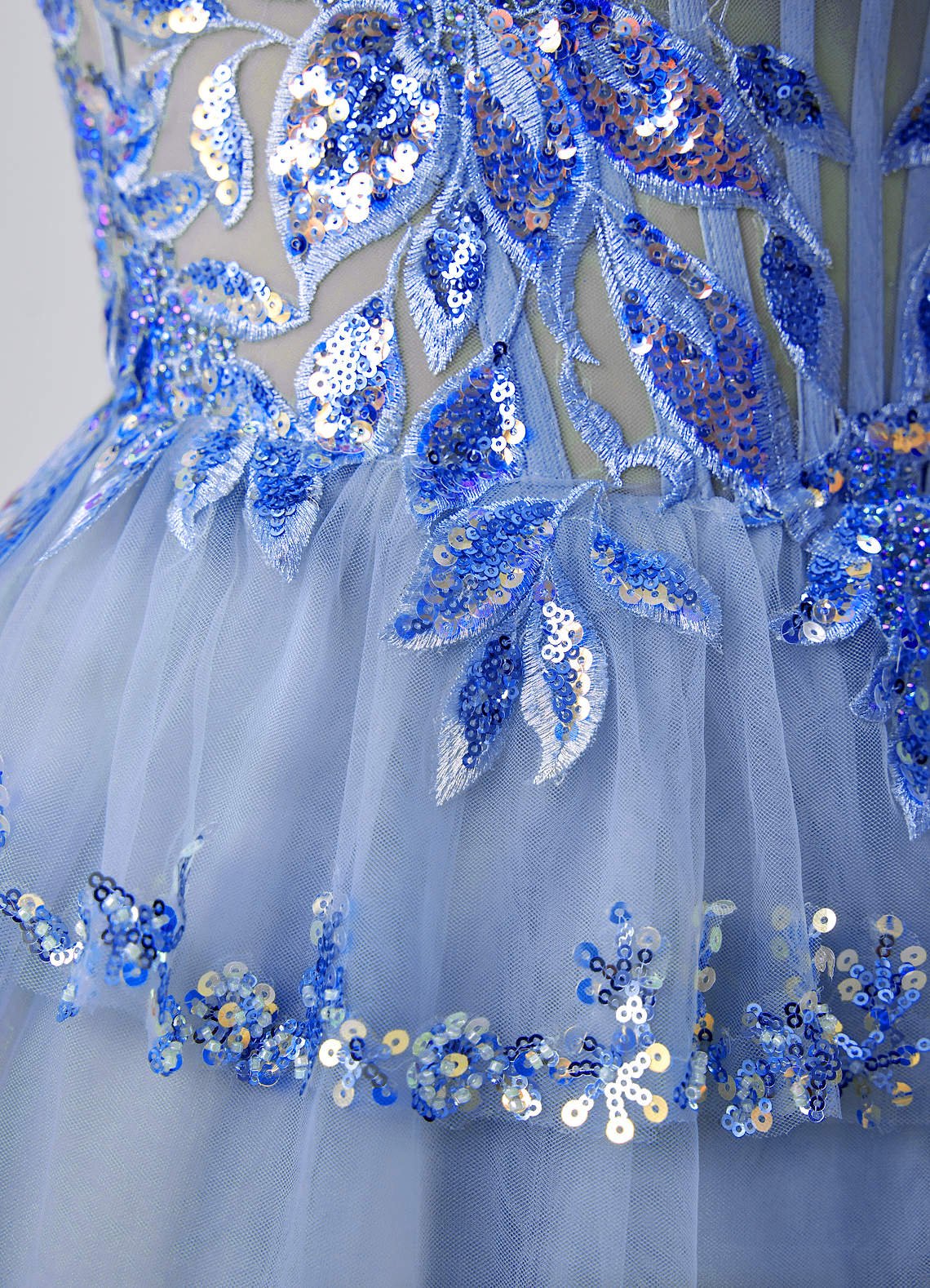 Esmayabella A-Line Mini Strapless Tiered Tulle Prom Dress in Sky Blue