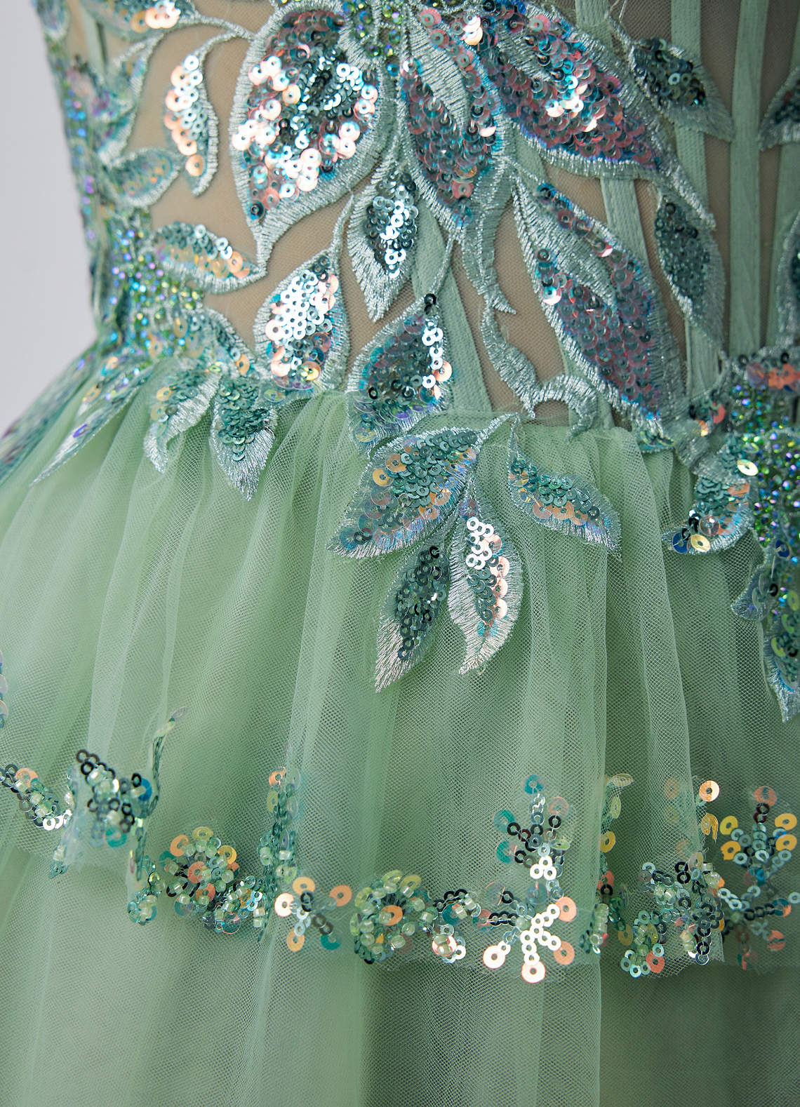 Esmayabella A-Line Mini Strapless Tiered Tulle Prom Dress in Sage