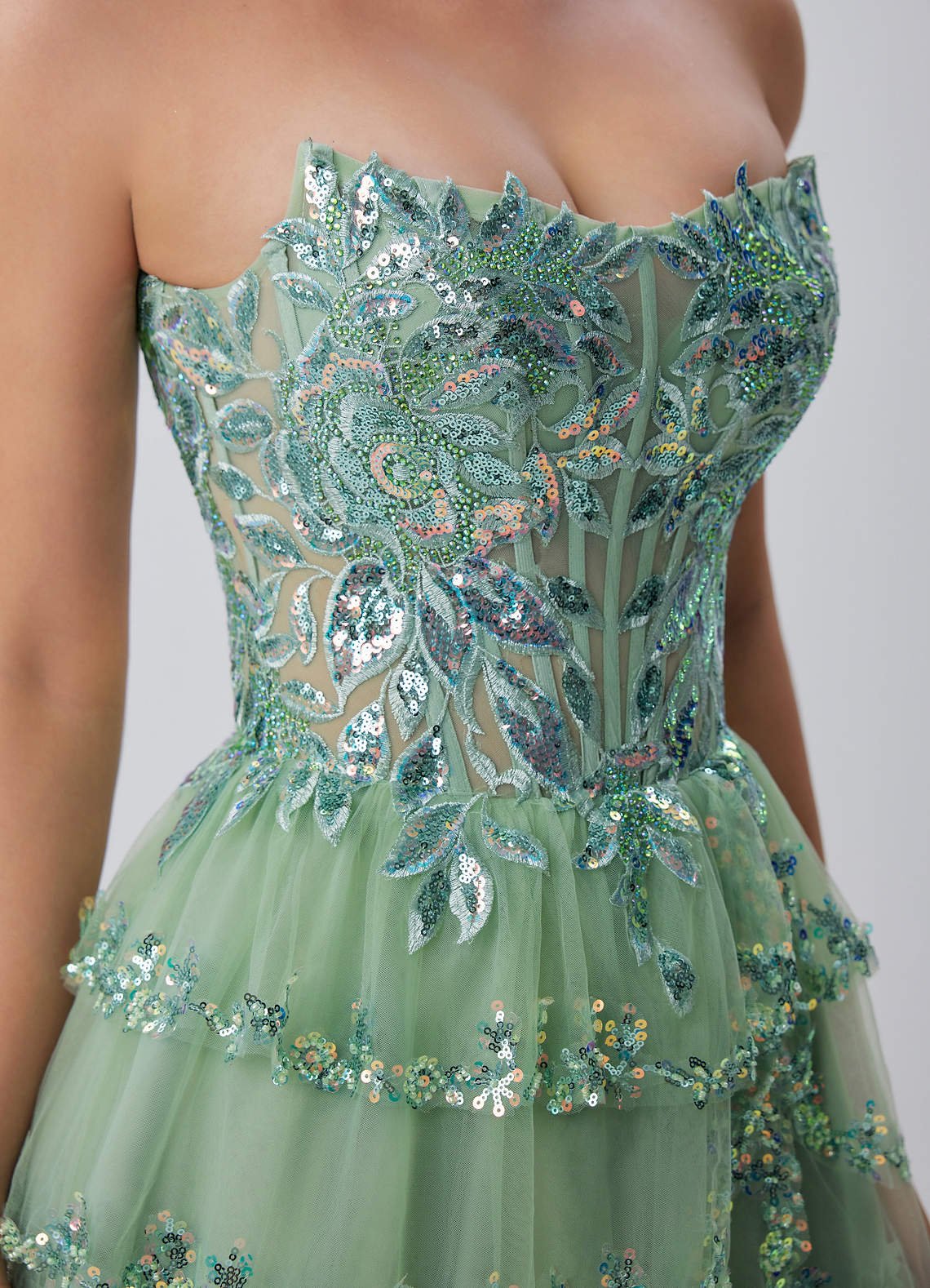 Esmayabella A-Line Mini Strapless Tiered Tulle Prom Dress in Sage