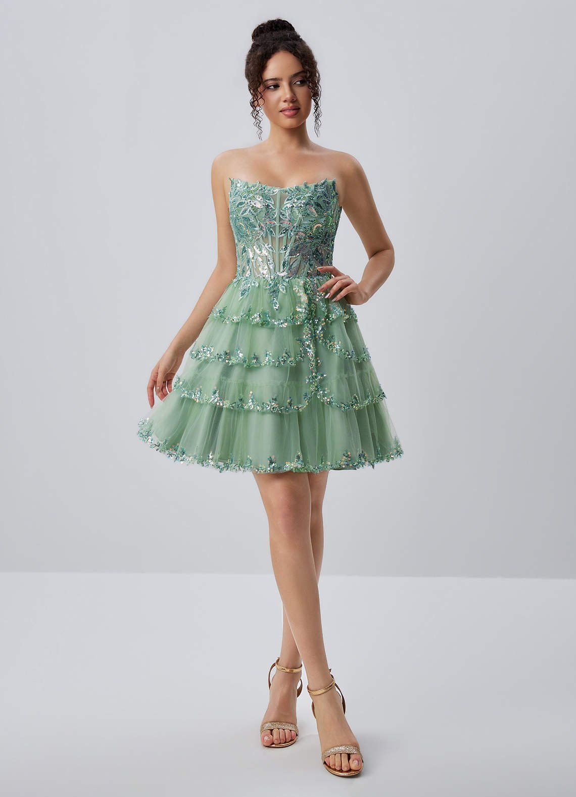 Esmayabella A-Line Mini Strapless Tiered Tulle Prom Dress in Sage