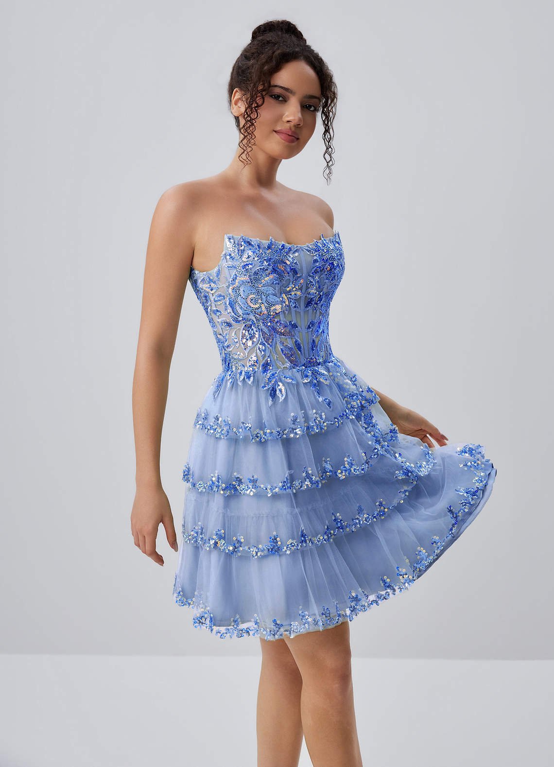 Esmayabella A-Line Mini Strapless Tiered Tulle Prom Dress in Sky Blue