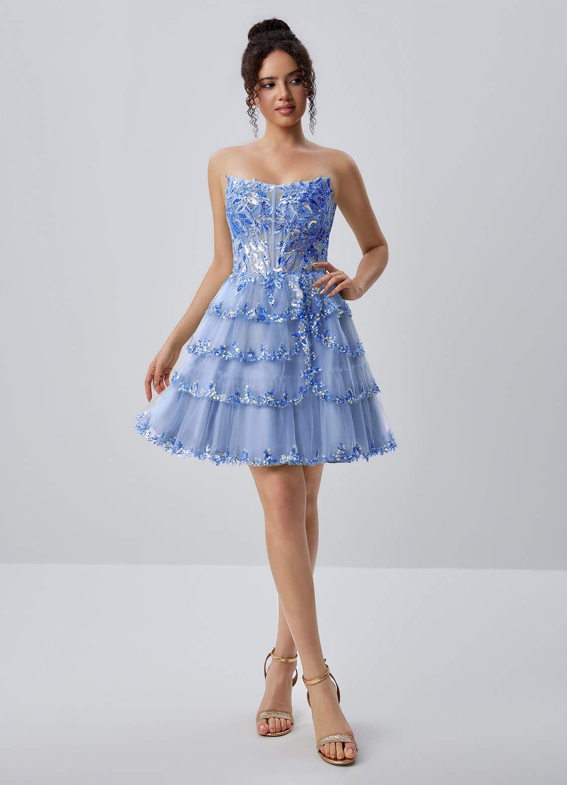 Esmayabella A-Line Mini Strapless Tiered Tulle Prom Dress in Sky Blue