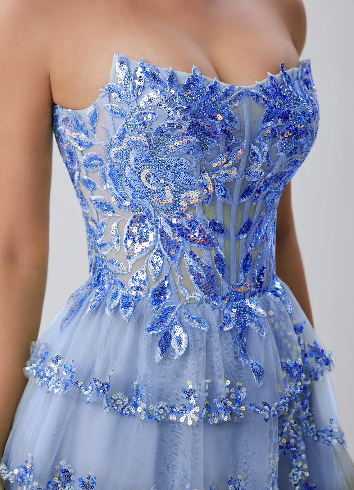 Esmayabella A-Line Mini Strapless Tiered Tulle Prom Dress in Sky Blue