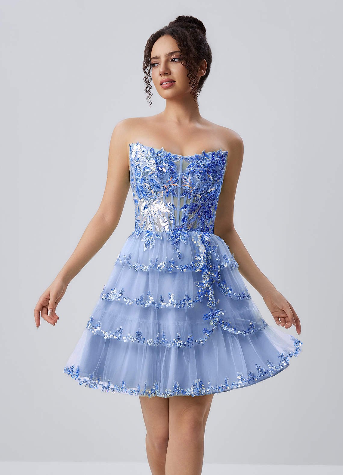 Esmayabella A-Line Mini Strapless Tiered Tulle Prom Dress in Sky Blue