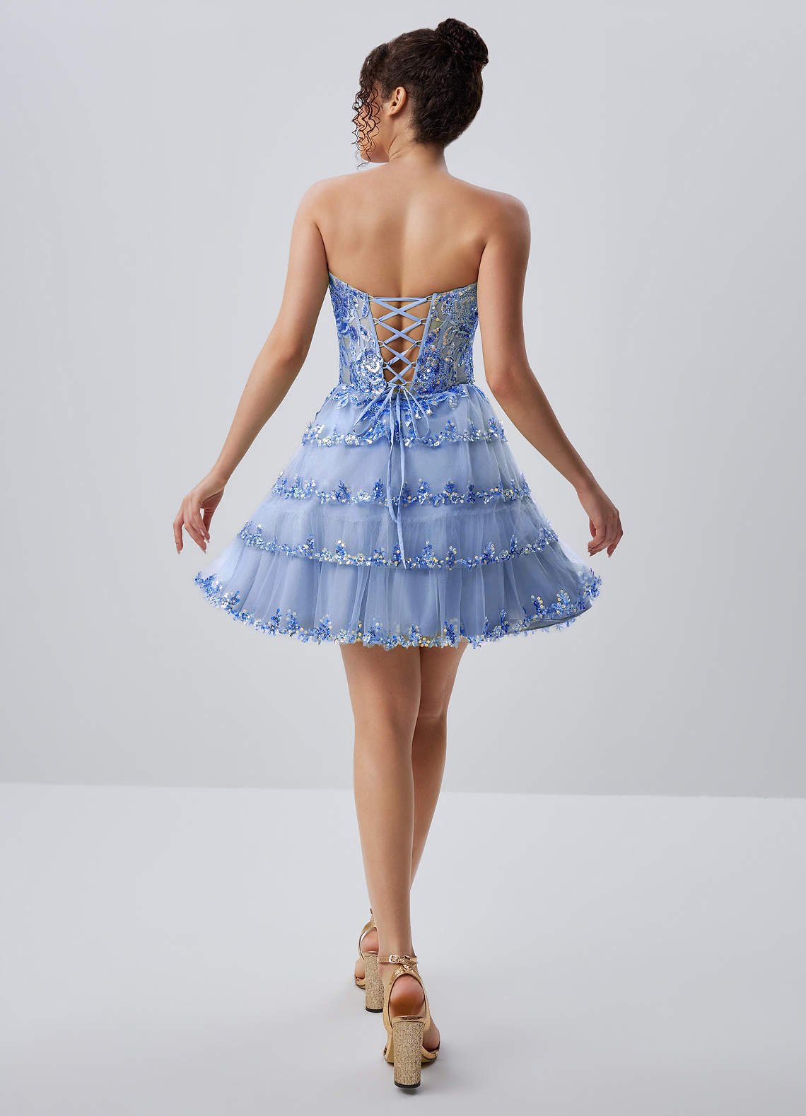Esmayabella A-Line Mini Strapless Tiered Tulle Prom Dress in Sky Blue