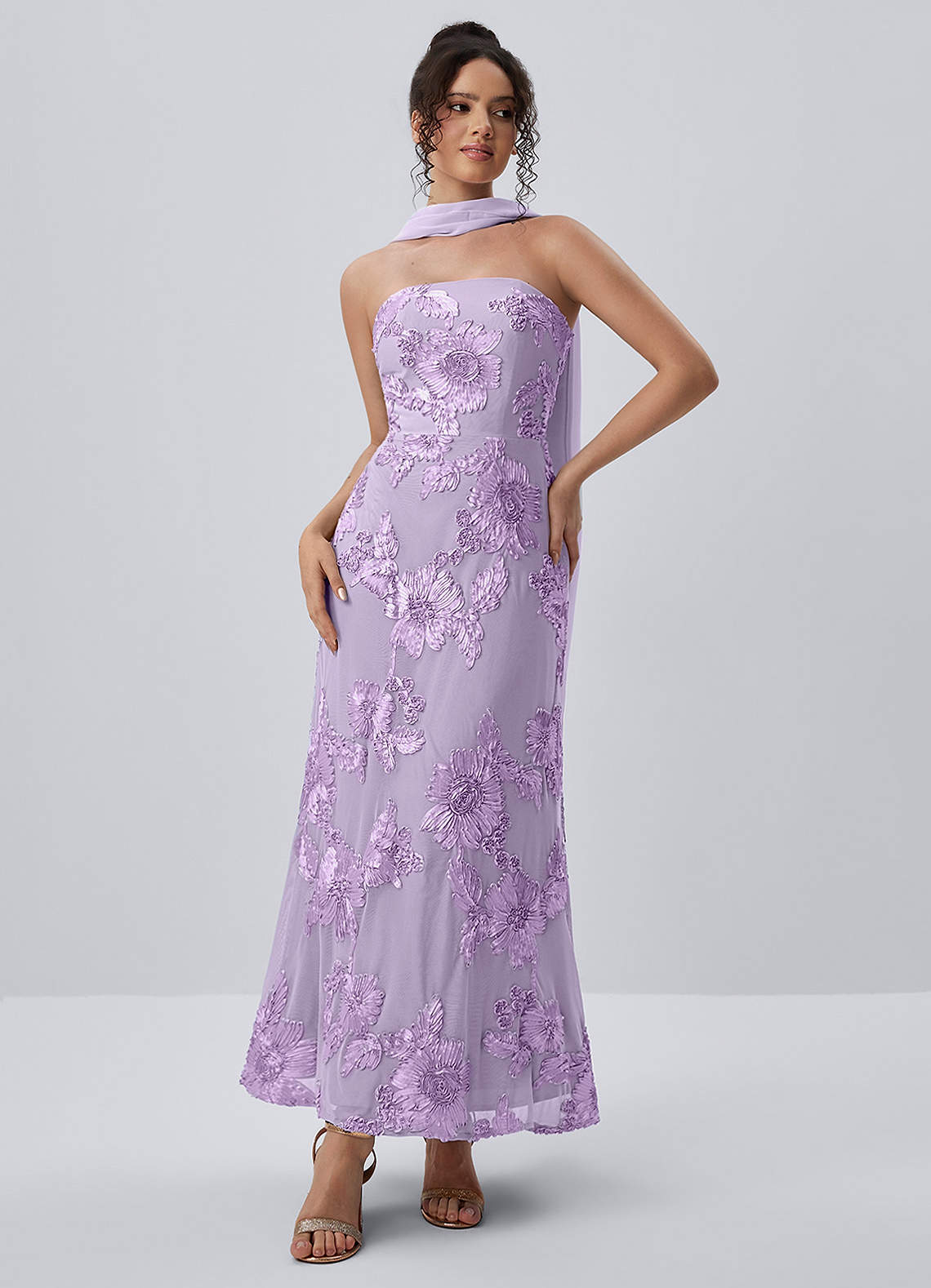 Esperanza Sheath Strapless Floral Mesh Prom Dress in Wisteria