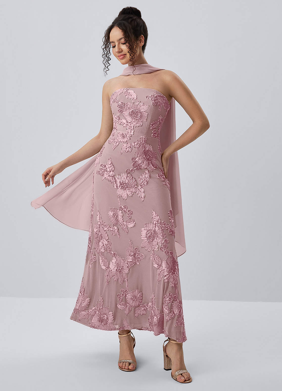 Esperanza Sheath Strapless Floral Mesh Prom Dress in Dusty Lilac