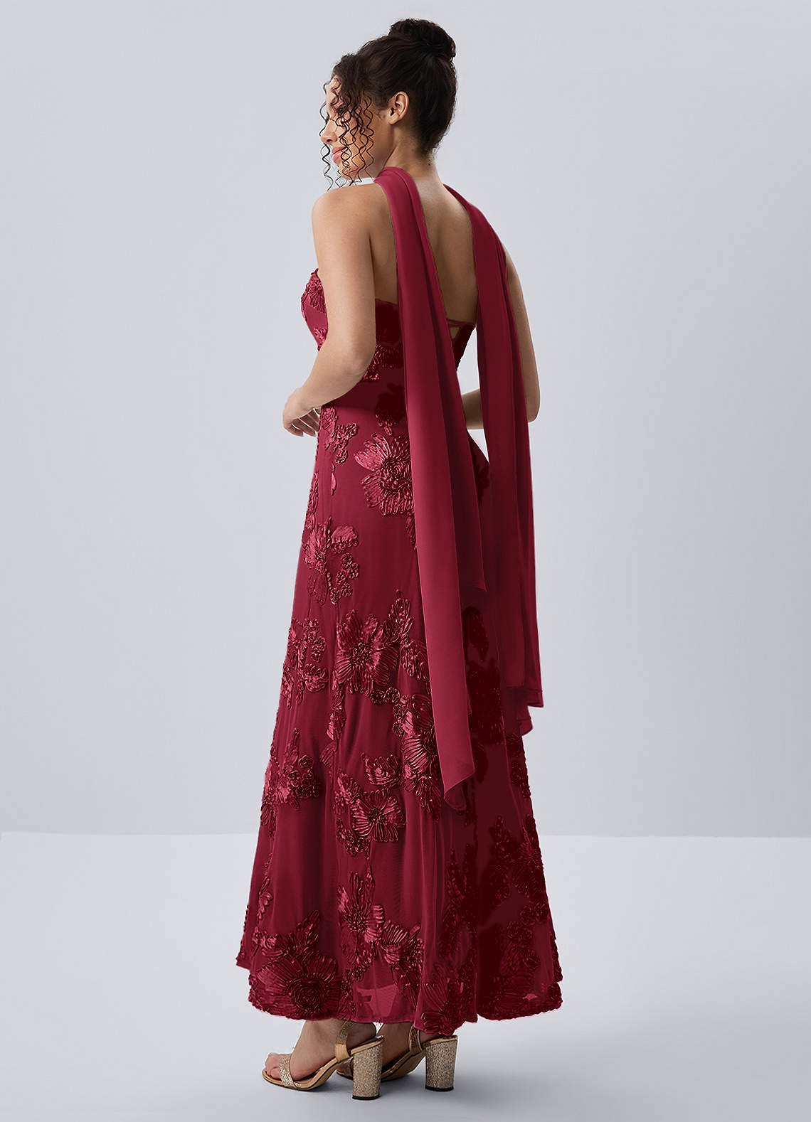 Esperanza Sheath Strapless Floral Mesh Prom Dress in Burgundy