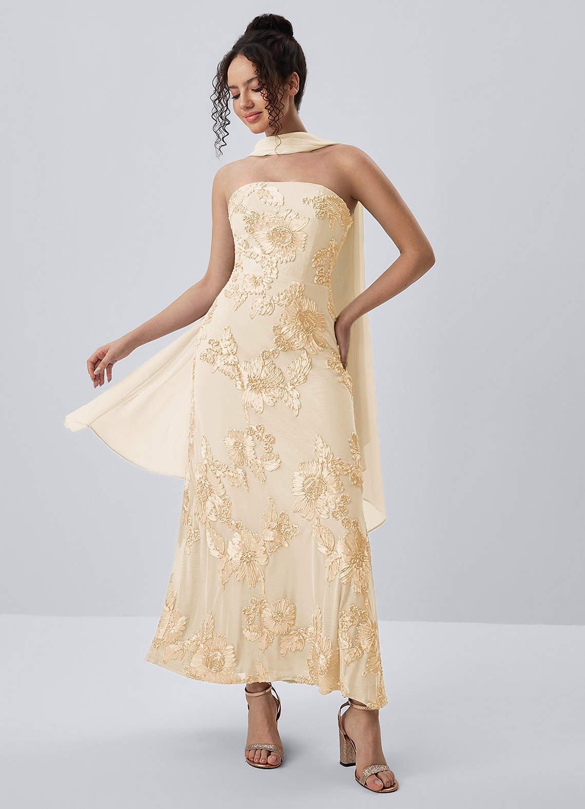 Esperanza Sheath Strapless Floral Mesh Prom Dress in Yellow