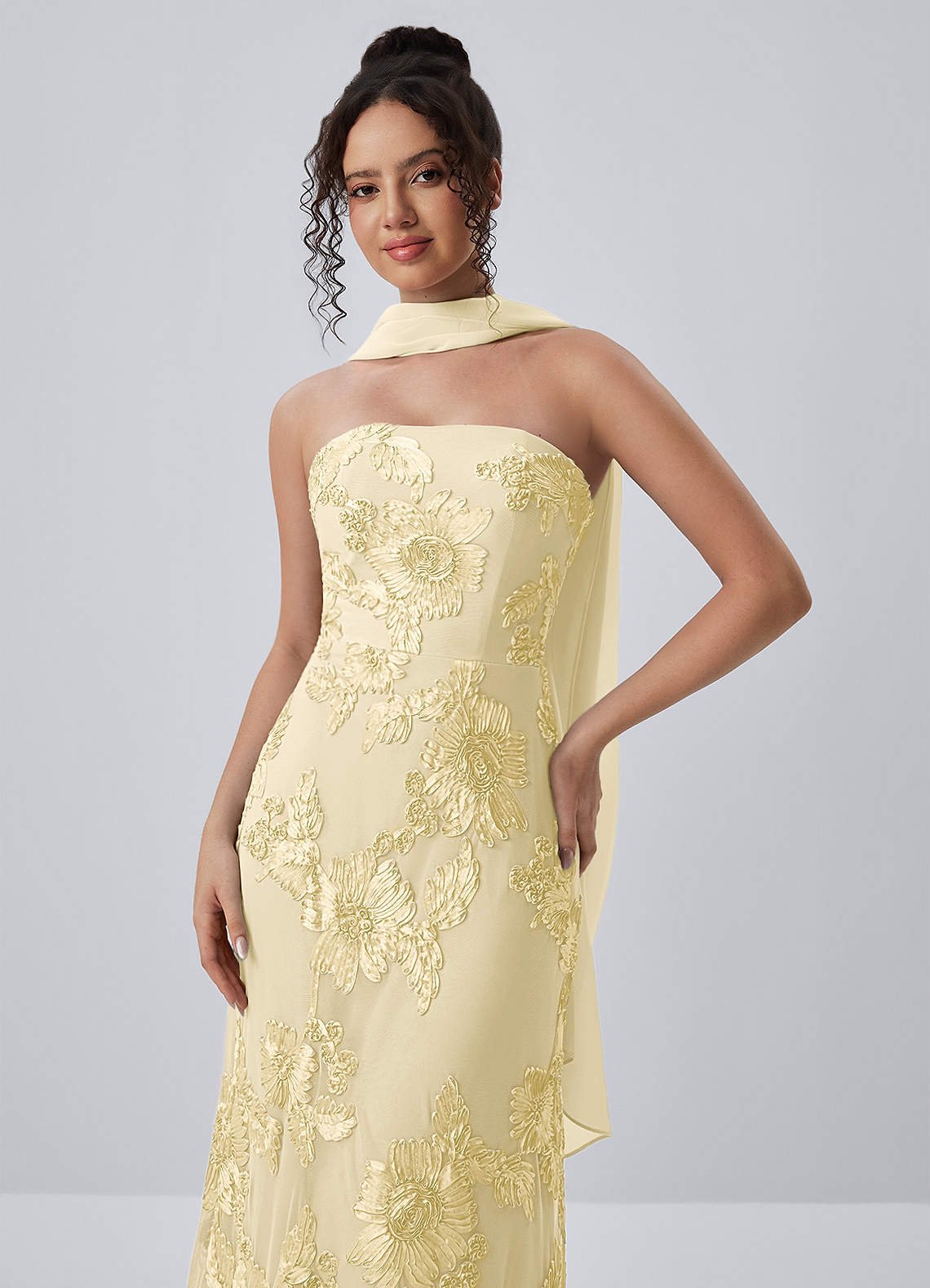 Esperanza Sheath Strapless Floral Mesh Prom Dress in Lemon Sorbet