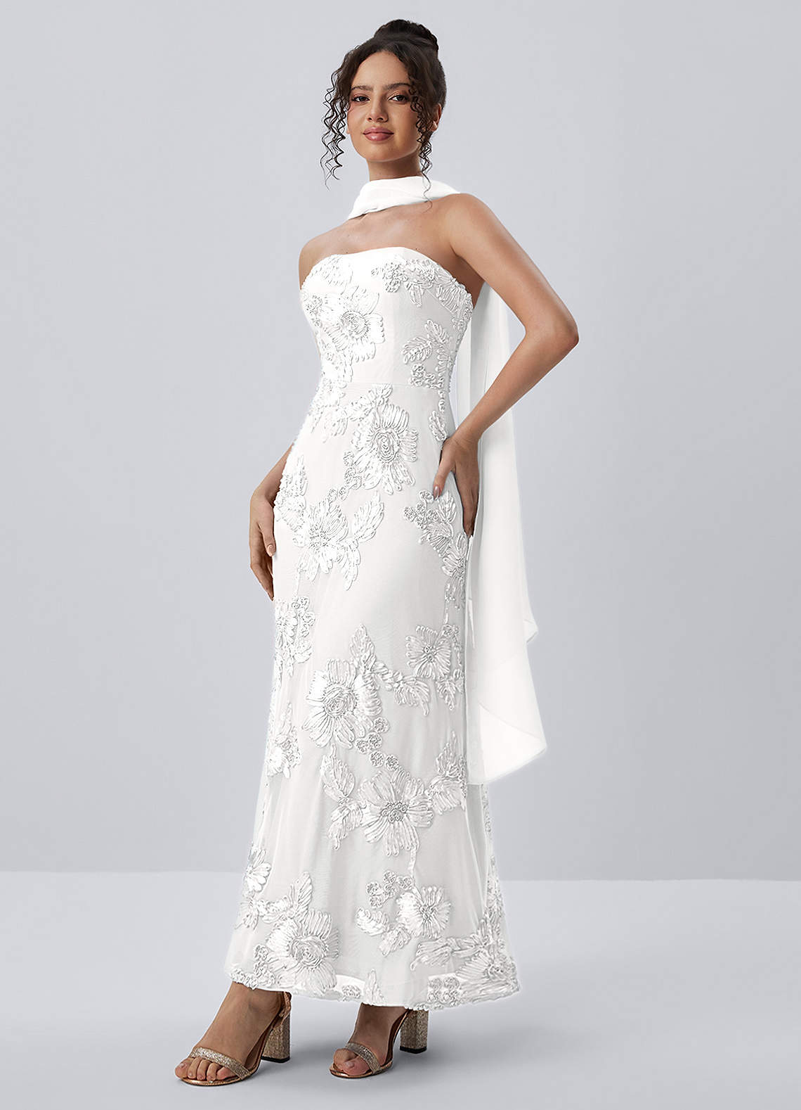 Esperanza Sheath Strapless Floral Mesh Prom Dress in white