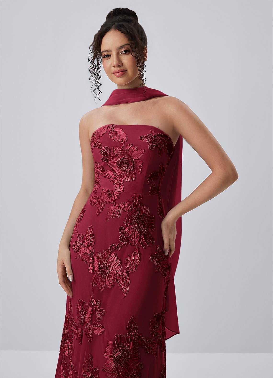 Esperanza Sheath Strapless Floral Mesh Prom Dress in Burgundy