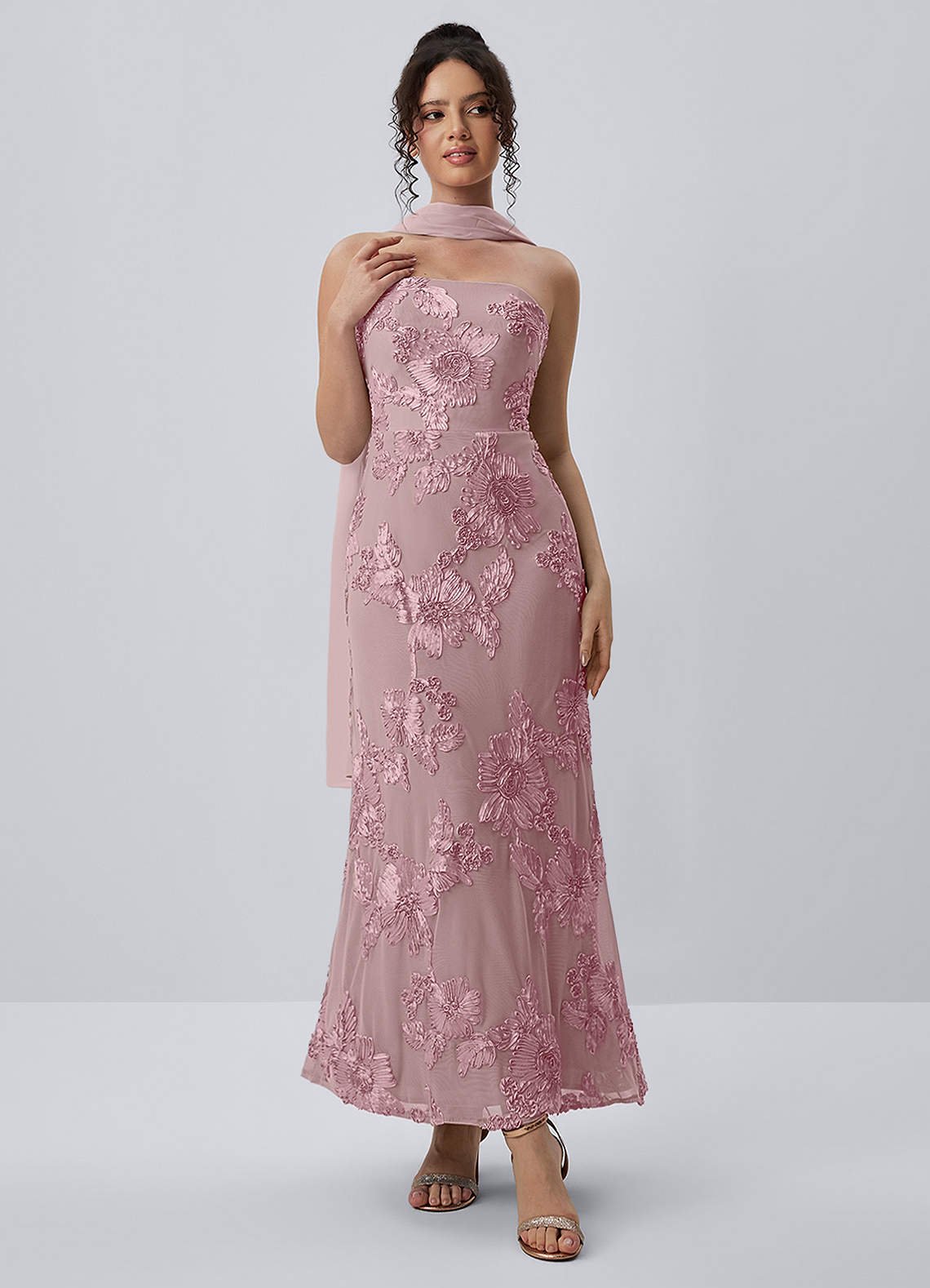 Esperanza Sheath Strapless Floral Mesh Prom Dress in Pale Purple