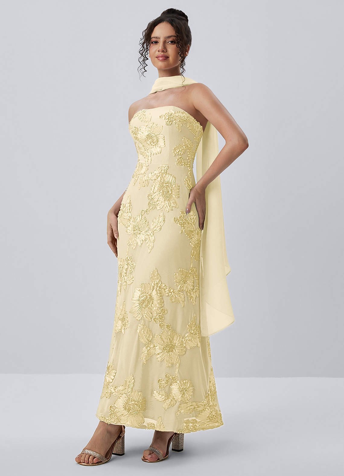 Esperanza Sheath Strapless Floral Mesh Prom Dress in Lemon Sorbet